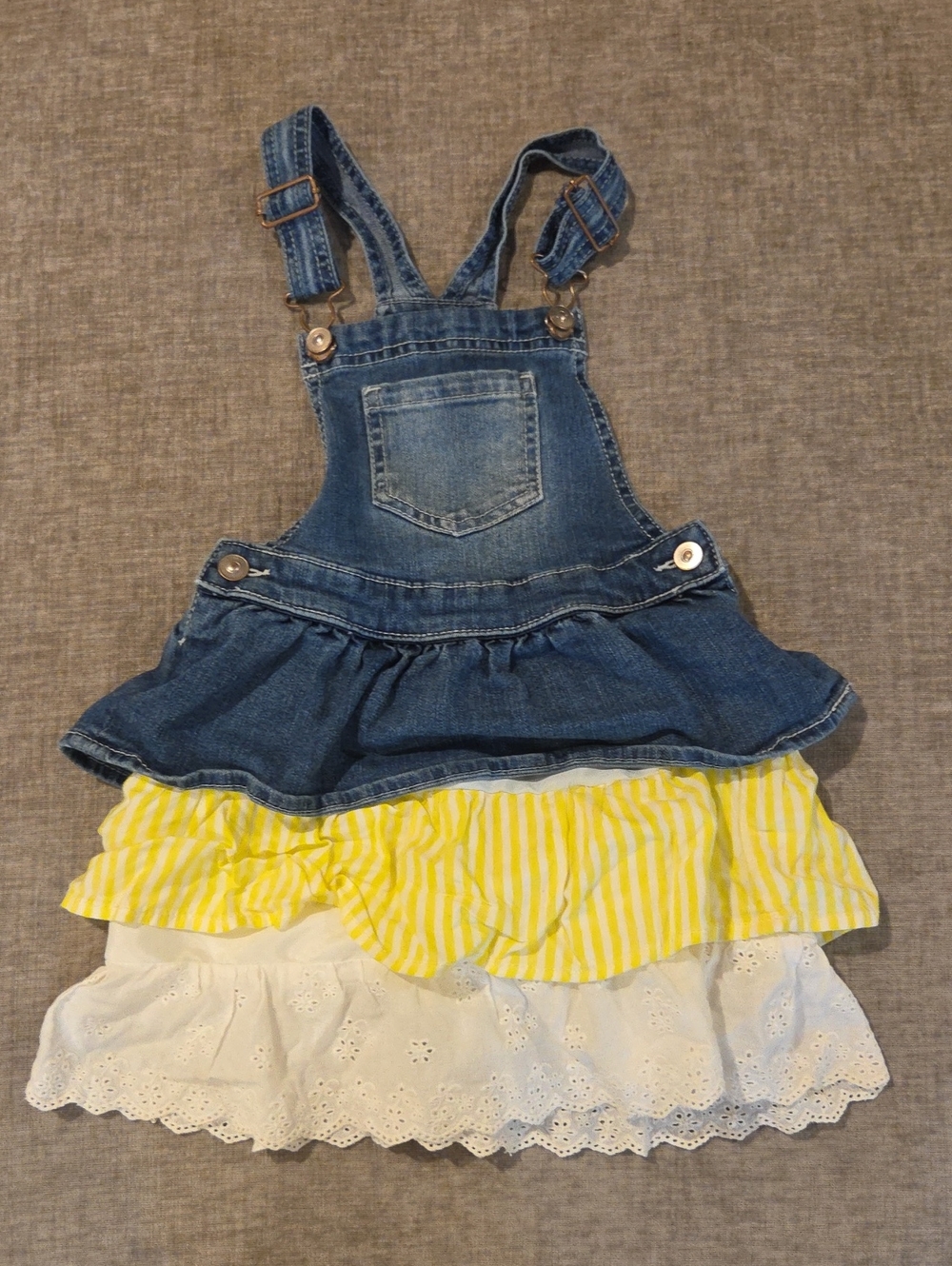 wonder nation Denim Ruffle Overall Dress - Blue, Yellow & White